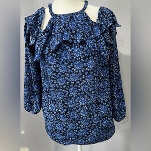 Michael kors Blue Floral Cold Shoulder With Ruffles Top Size S